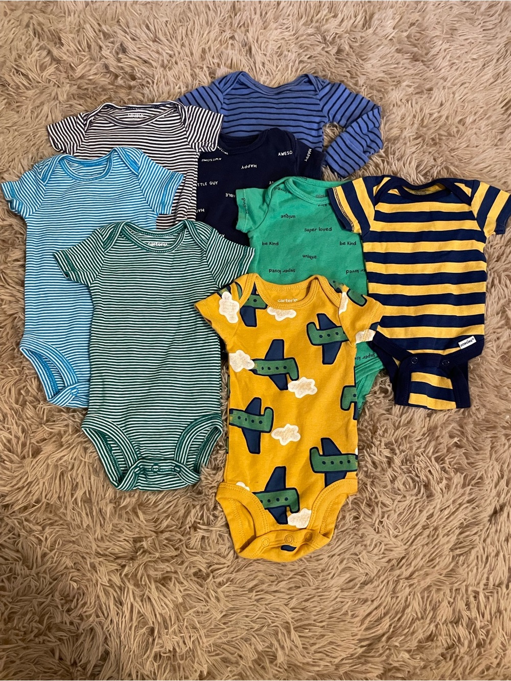 8pcs EUC Onesies Green Blue Yellow Striped Airplane Newborn Boy